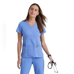 Grey's Anatomy by Barco Riley Scrub Top Faux Wrap V-neck Blue Ciel size XL